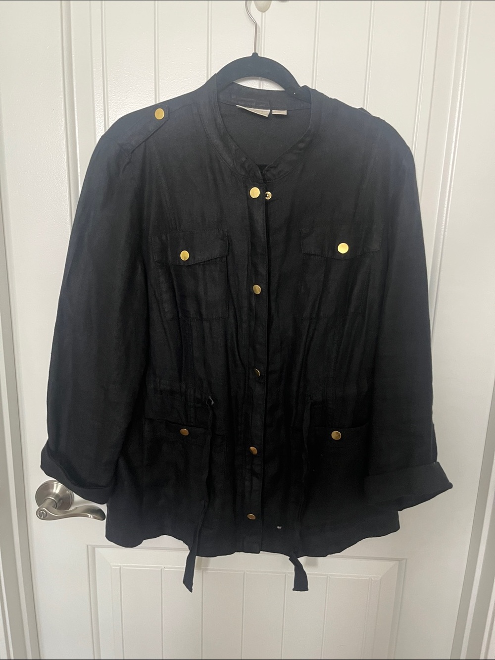 Chico's Black Utility Jacket with Gold Buttons and full zipper Size 10/12